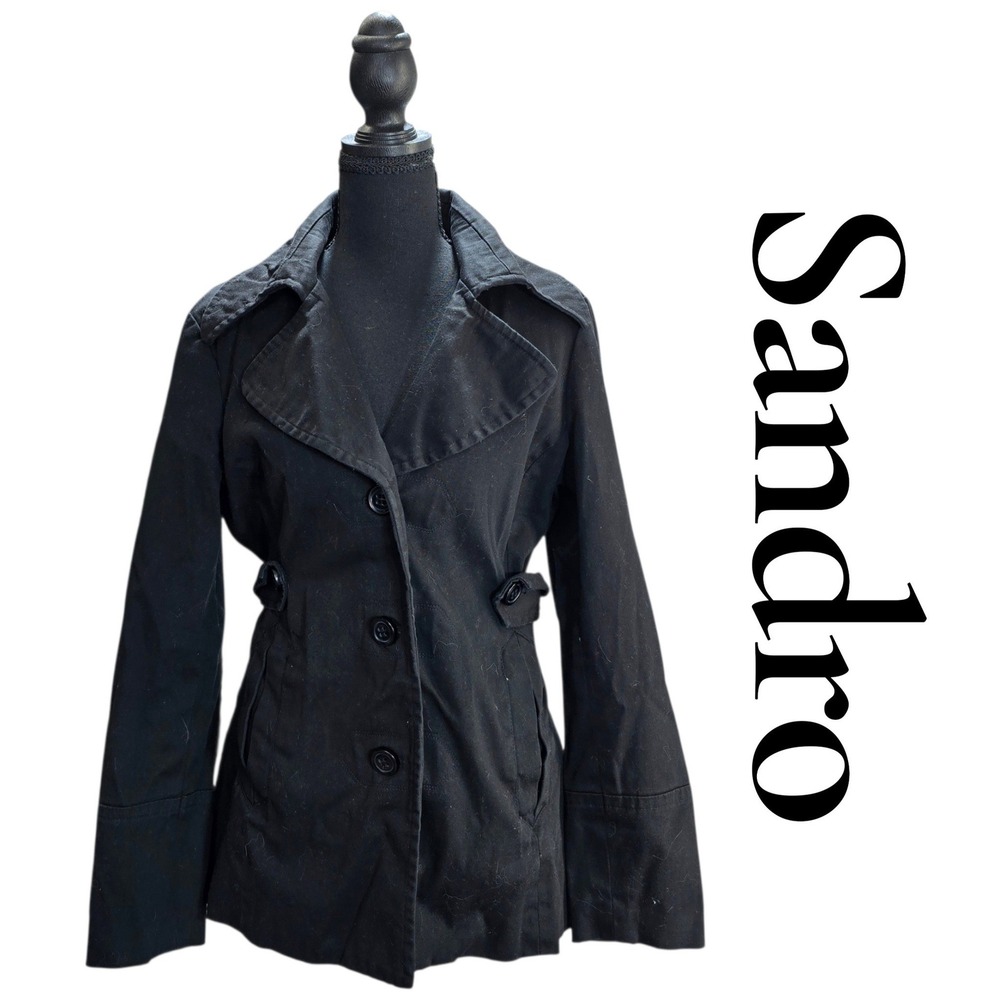 Sandro Sportswear Jacket Women M Black Cotton Leopard Lining Trench Peacoat Chic